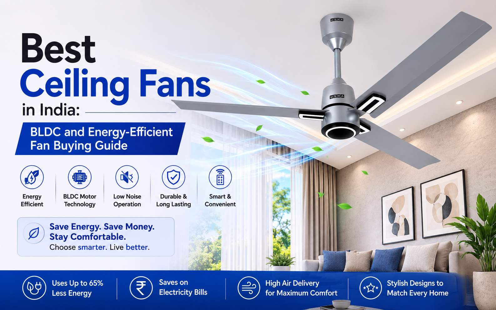 Wood-finish ceiling fan installed on a living room ceiling for everyday home cooling